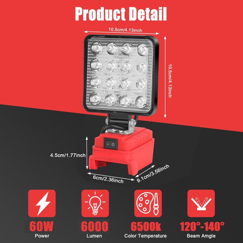 2 Pack 60W LED Work Light Flashlight for Milwaukee 18V M-18 Battery 6000LM gallery