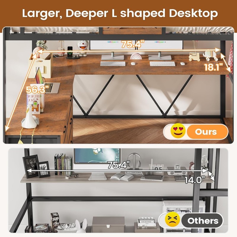 Full Size Loft Bed with Desk &Storage Stairs, Metal Loft Bed w/6 Storage Drawers gallery