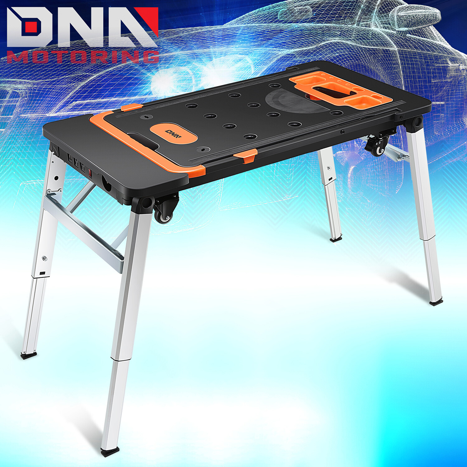 220 LBS 7-In-1 Multifunctioanl Adjustable Foldable Work Bench w/ 4 Wheels Orange gallery