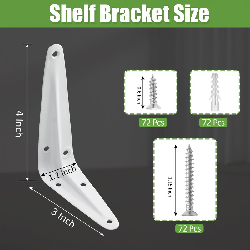 Shelf Brackets 4 x 3 Inch, 24 Pack Heavy Duty White Metal - 60 lbs Load Capacity gallery