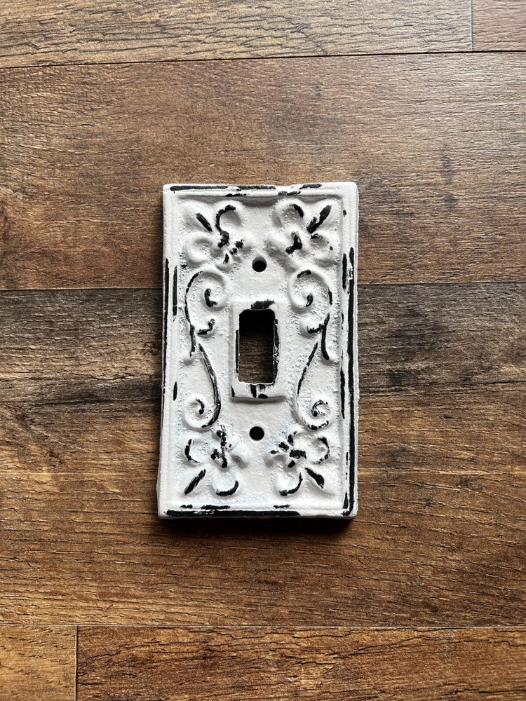Iron Single Toggle Light Switch Wall Plate Cover, Shabby Chic White Victorian