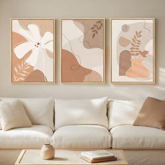 3 Piece Framed Large Tan and Neutral Floral Artworks Poster 24 In. X 16 In