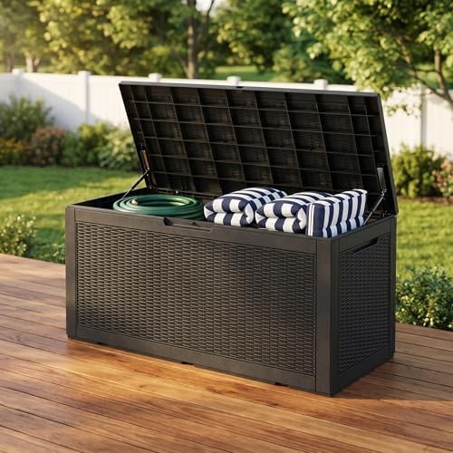 100 Gallon Deck Box, Waterproof Resin Rattan Outdoor Storage Box with Lockabl... gallery