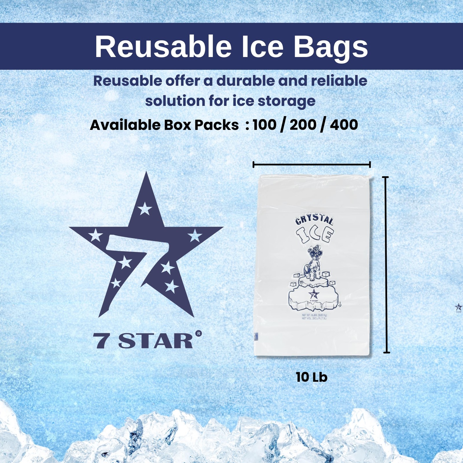 7STAR Crystal Ice Bag – 10 LB – 50 Count | Heavy-Duty Plastic 10 lbs, Clear gallery