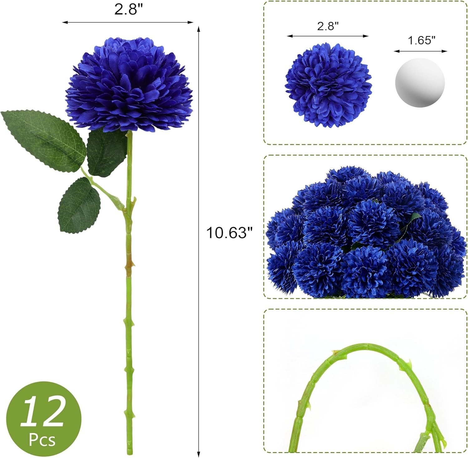 12 PCS Blue Artificial Chrysanthemums Ball Flowers Silk Fake Mums Decor gallery