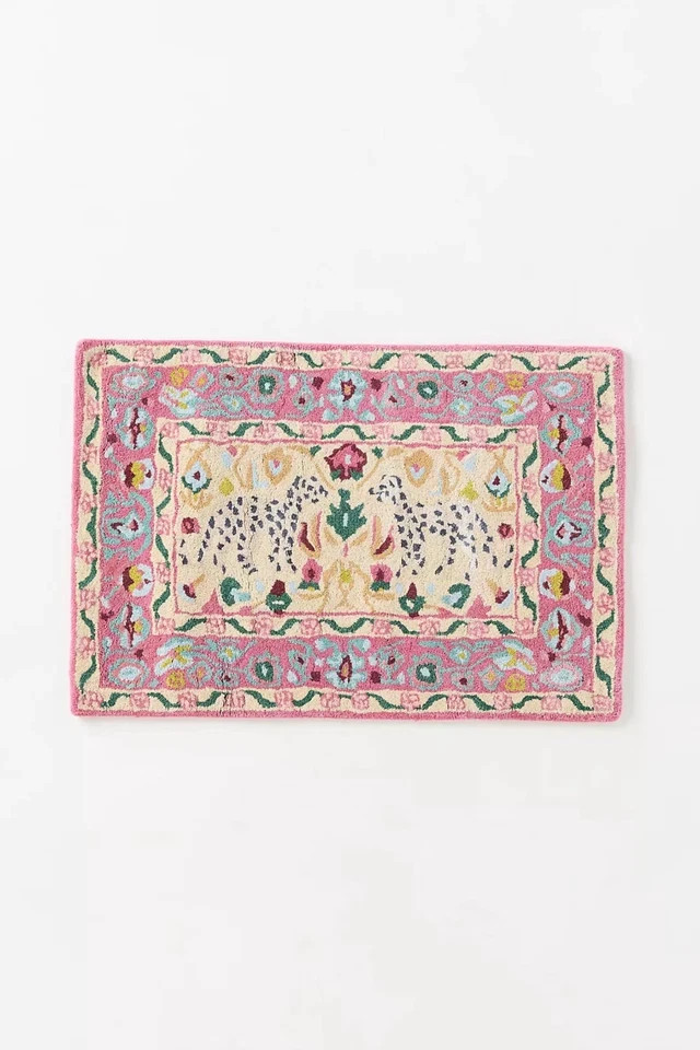 Hand-Tufted Pink Leopard Floral Wool Area Rug Boho Handmade Carpet gallery