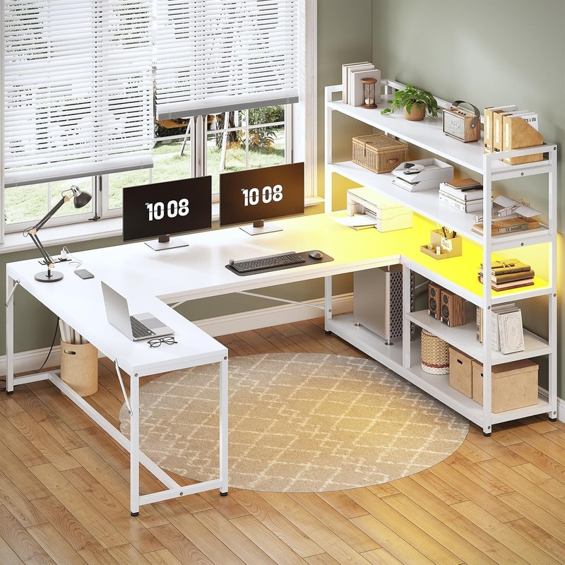 63” Reversible Computer Desk with Power Outlet, Storage Shelves and LED Lights gallery