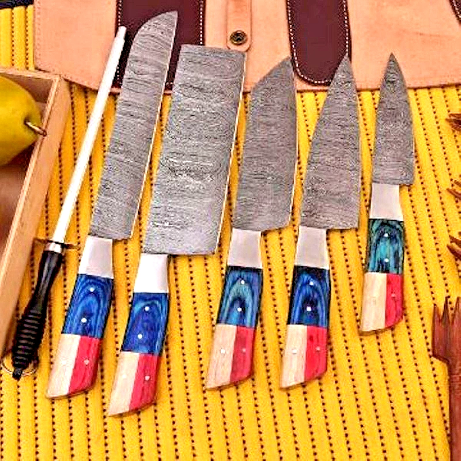 5 Pc Handmade Damascus Chef Kitchen Knife Set Texas Flag Leather Roll Honing Rod gallery