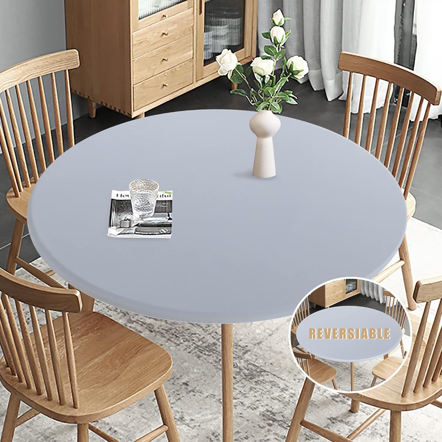 Fitted Round Table Cloth, Reversible Waterproof Stain Resistant Elastic Stretch gallery