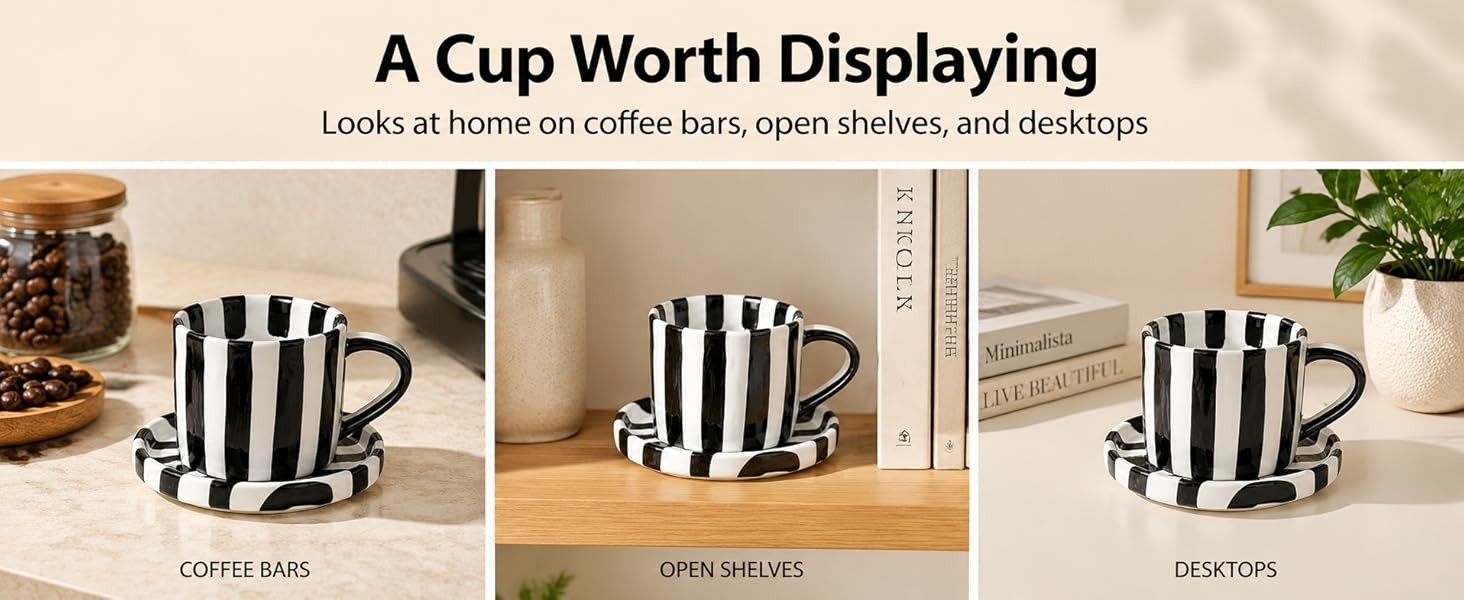 Black and White Striped Tea Cup and Saucer Set of 2, 8 oz Ceramic Coffee Mugs gallery