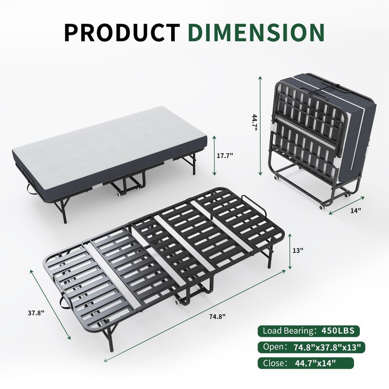 75" x 38" Inch Extra Long Folding Bed for Tall People, Heavy-Duty 450lbs gallery