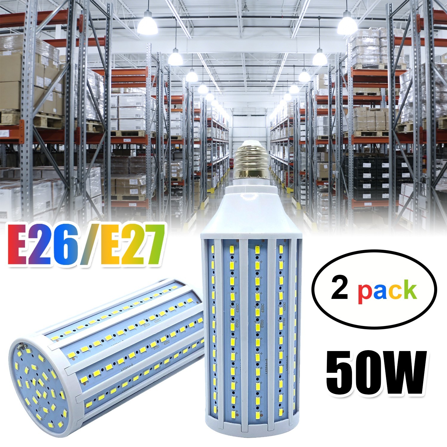 2 Pack E26 LED Corn Light Bulbs 500W Eq 6000K 50W for Garage Warehouse Workshop gallery