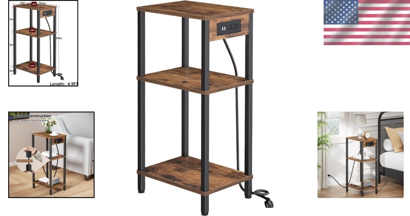 Side Table with Charging Station Narrow End Table Storage Bedside Nightstand gallery