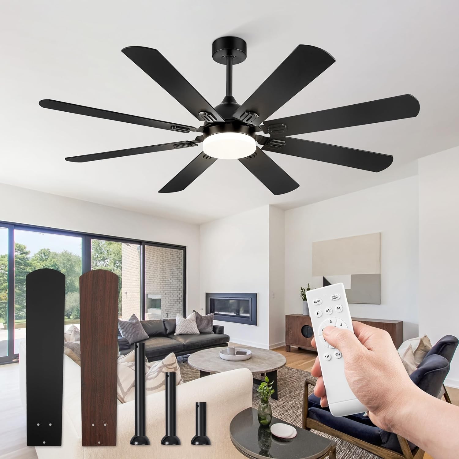 62 Inch Ceiling Fans with Lights, Black Modern Ceiling Fan with Remote,Large gallery