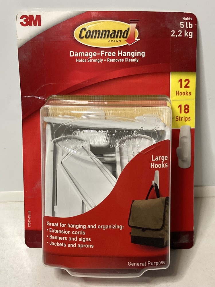 3M Command Strips Damage-Free Hanging 5lb, 12 Large Utility Hooks, 18 Strips