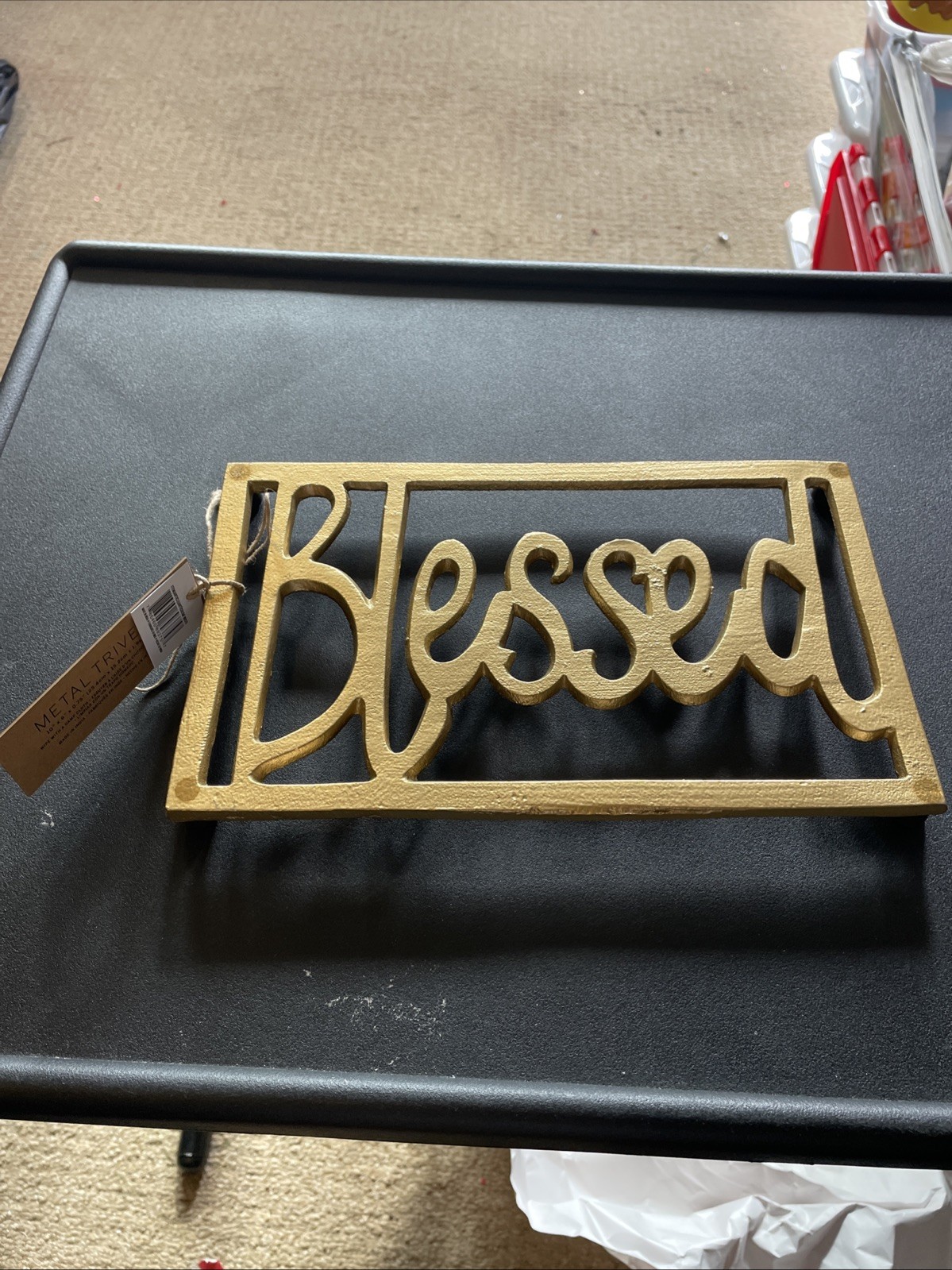 NEW BLESSED Gold Metal Trivet Footed 10inx6inx.75in Christmas gallery