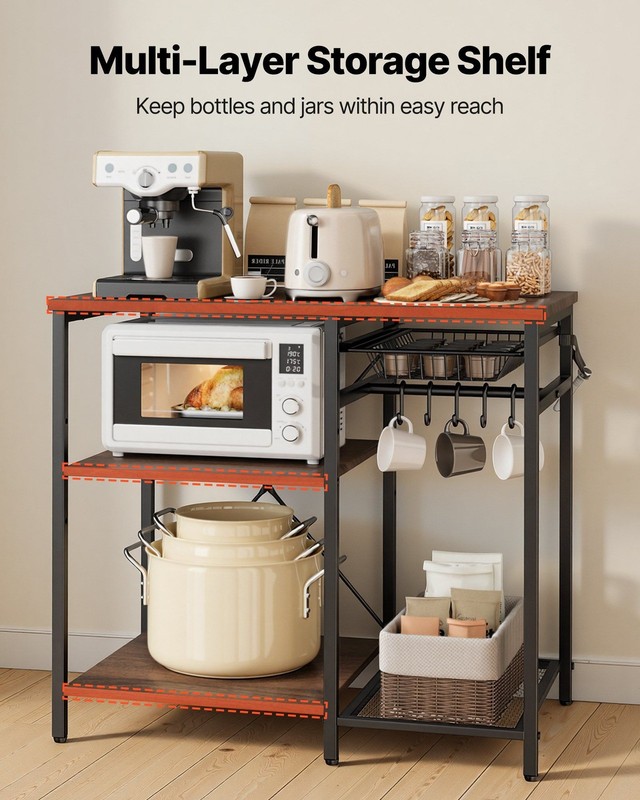 Walnut For Bakers Rack: 35.4in Wide, X-Brace, 3-Tier Adjustable, 5 Hooks gallery