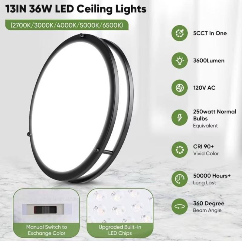 13” LED Ceiling Light 36W Flush Mount 3600LM Dimmable 5CCT Ultra Thin Black gallery