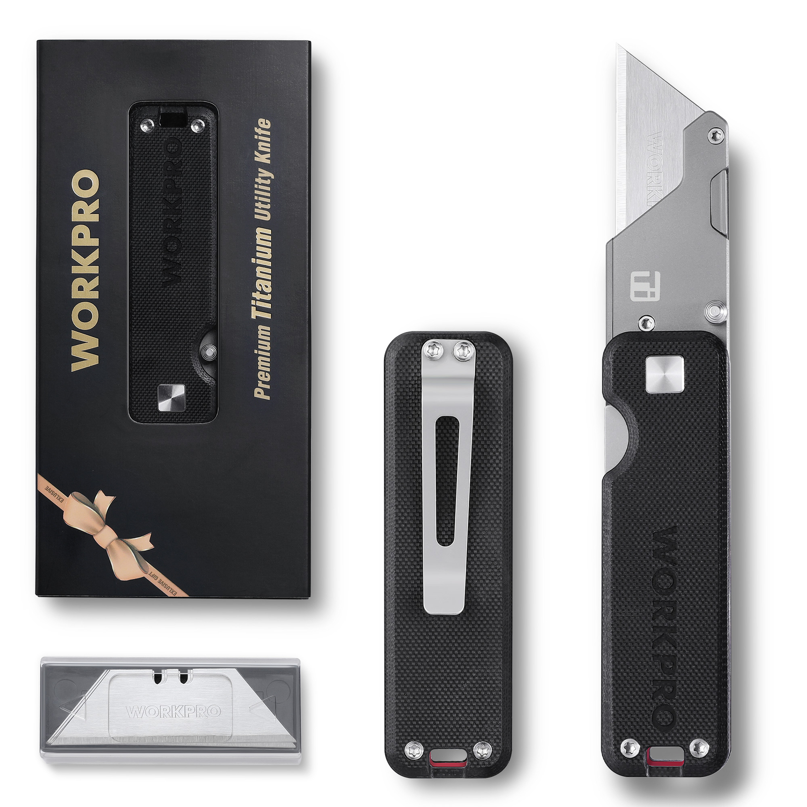 WORKPRO Premium Titanium Utility Knife, CNC Unibody w/10 Extra Blades G-10Handle gallery