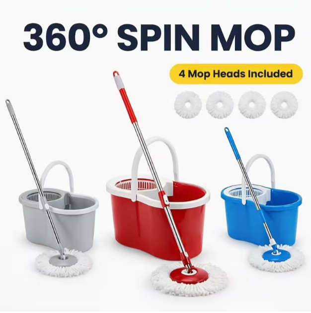 360 Spin Mop Bucket System 4 Microfiber Heads Floor Cleaning Stainless Steel Han gallery