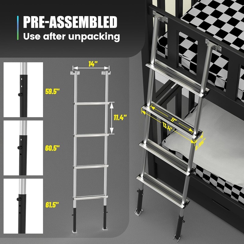 Pre-Assembled Bunk Ladder, 3 Fixed Levels (59.5/60.5/61.5in), Aluminum RV Bunk gallery