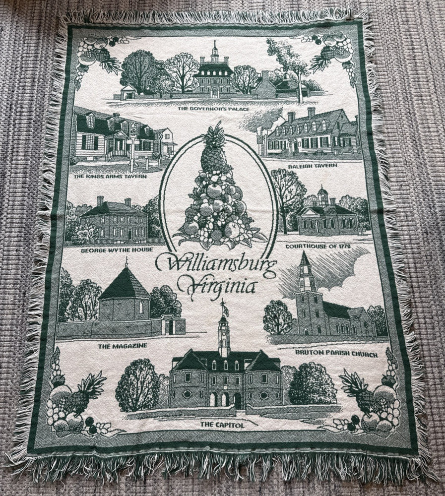 Green White Colonial WILLIAMSBURG Virginia VA Woven THROW Blanket No Tag Vintage