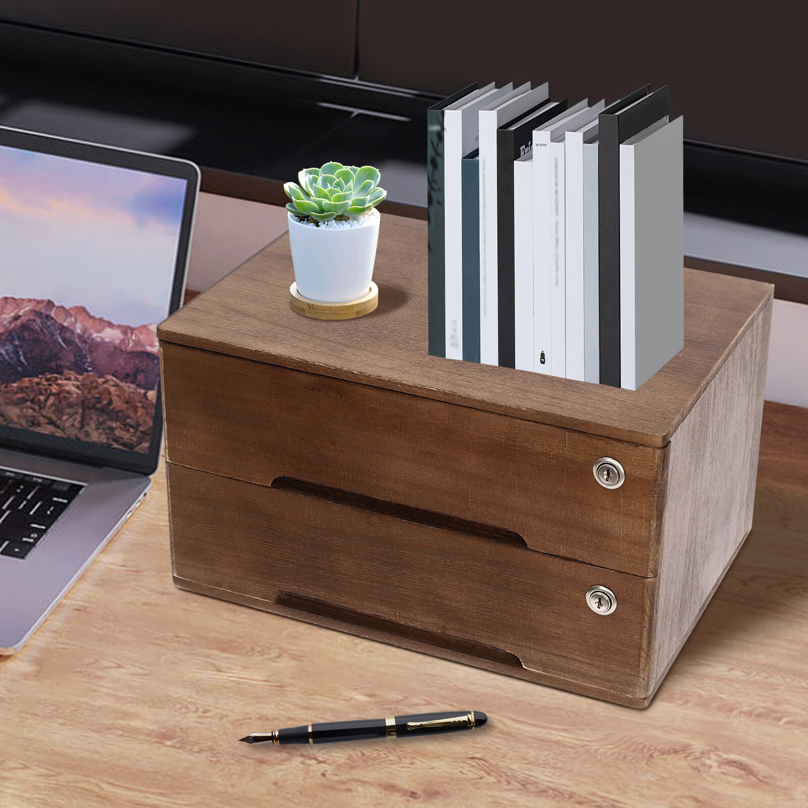 2-tiers Lockable Wooden Desktop Storage Box With Curved Handle+4 Keys For Office gallery