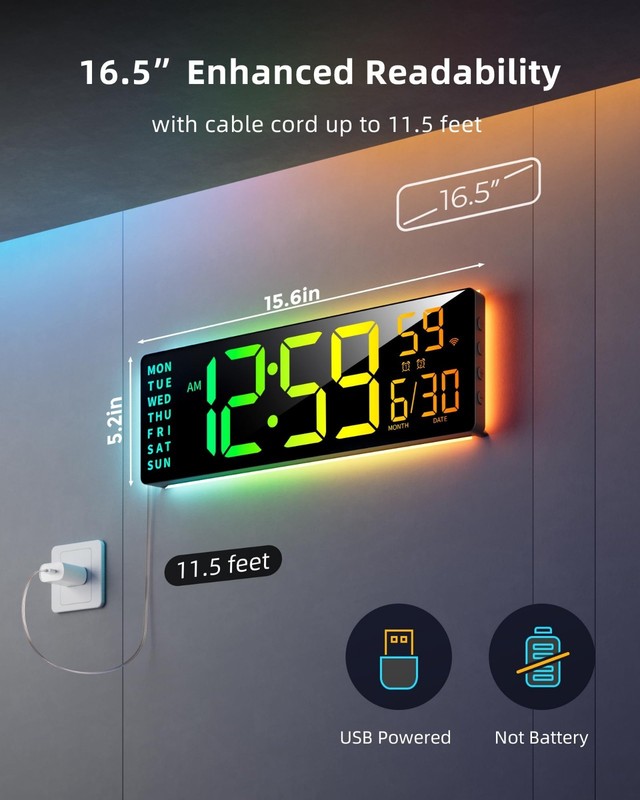 Large RGBIC Smart Digital Wall Clock, App Control, LED Display, Music Sync, DIY gallery