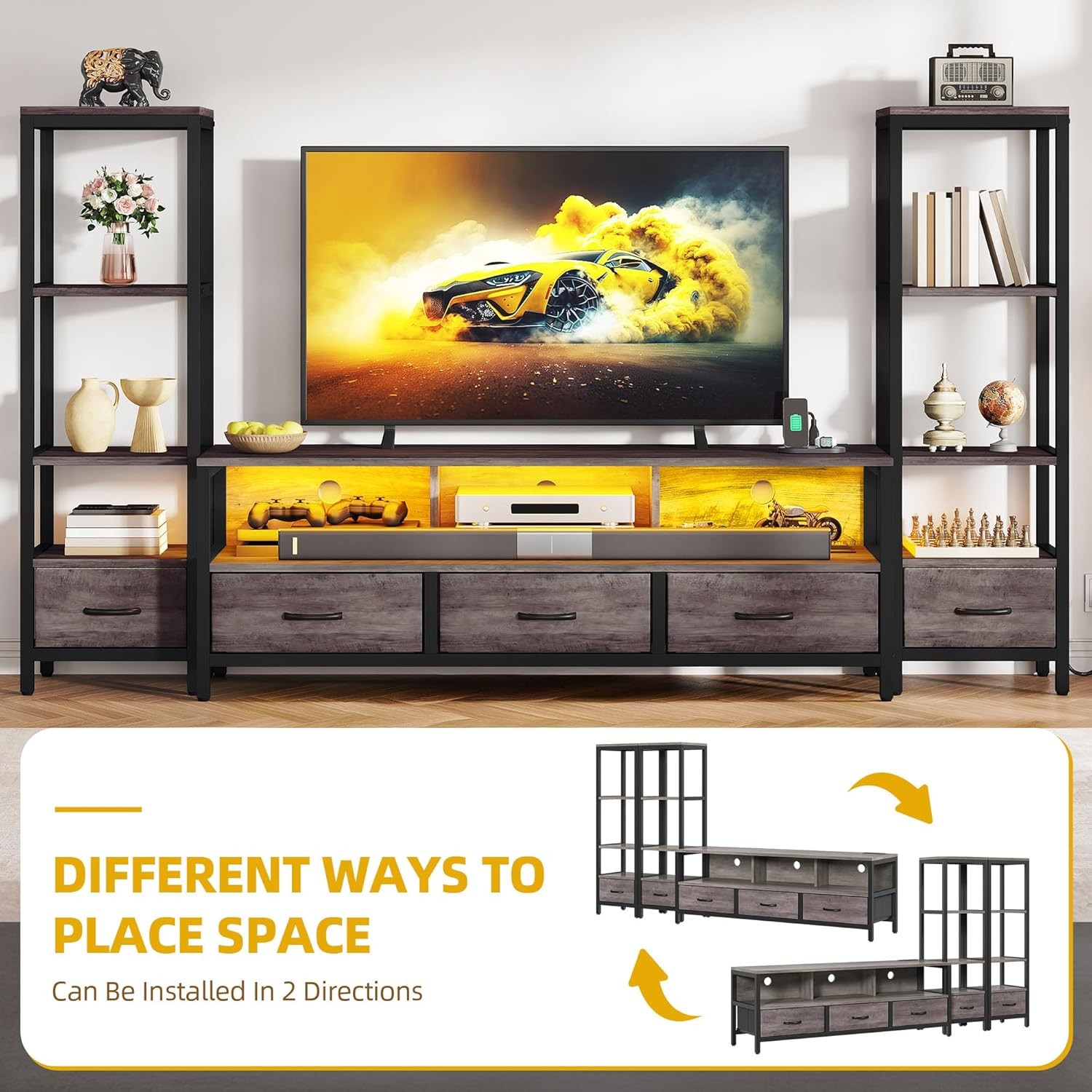 DWVO Grey 65 Inch LED TV Stand with Bookshelves gallery