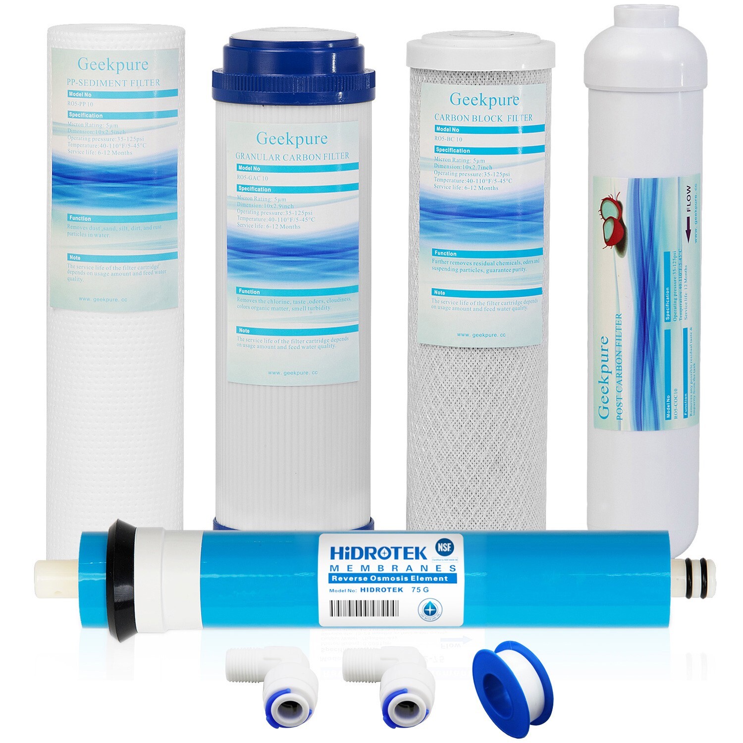 Geekpure 5-Stage Reverse Osmosis Replacement Water Filter Set w/ 75 GPD Membrane gallery