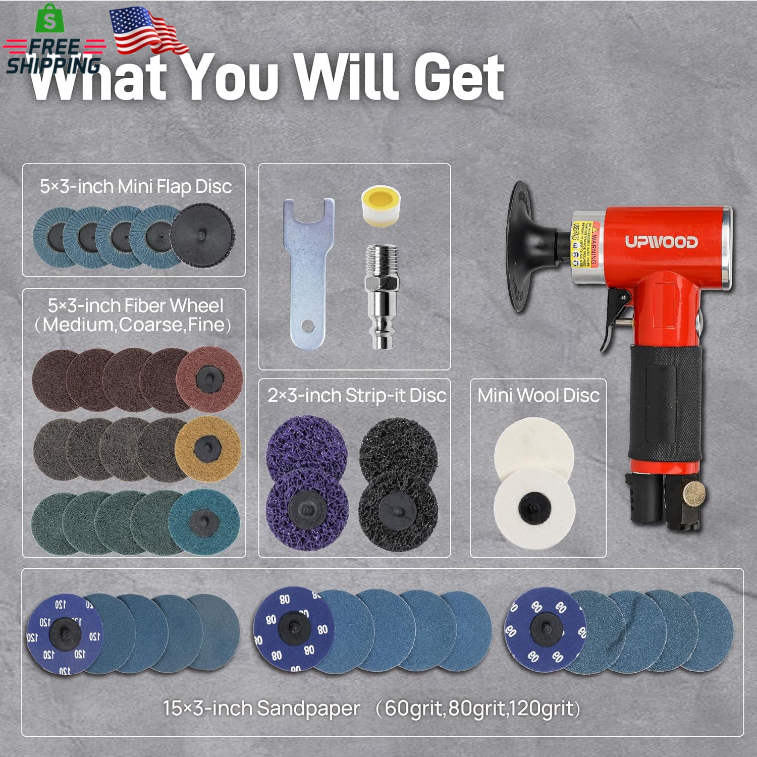 3 Inch Air Sander Angle Grinder Pneumatic Polishing Tool with 41PCS Discs gallery