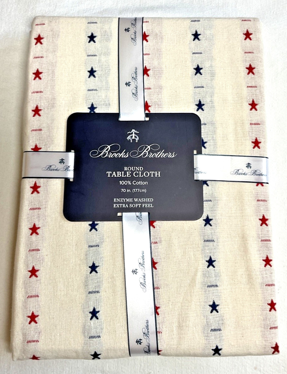 BROOKS BROTHERS TABLECLOTH WHITE RED BLUE STARS 70 IN ROUND NIP gallery