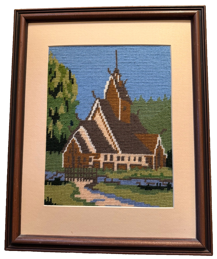 Norwegian Needlepoint Framed Embroidery Wool Norway Stave Church 12" x 15" VTG