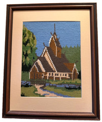 Norwegian Needlepoint Framed Embroidery Wool Norway Stave Church 12″ x 15″ VTG