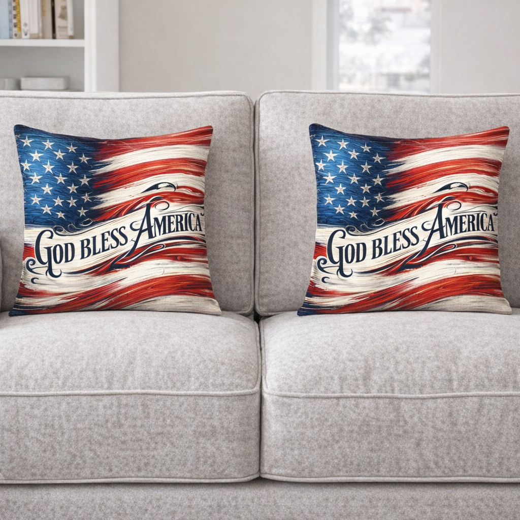 (2) Throw Pillows with Insert God Bless America USA Flag Design 18x18 DZ478 gallery