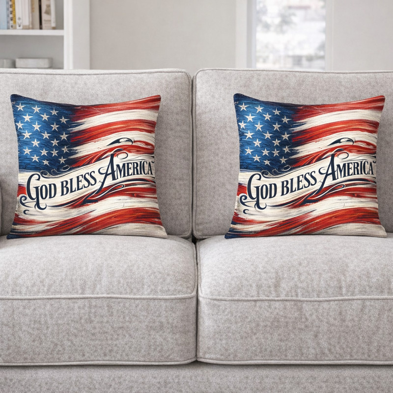 (2) Throw Pillows with Insert God Bless America USA Flag Design 18x18 DZ478 gallery