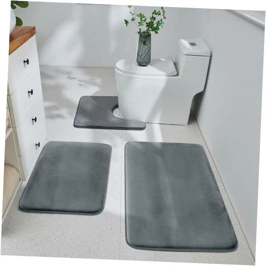Grey Bathroom Rugs Set, 3 Piece, Ultra Soft Velvet Memory Foam, Non-Slip & gallery