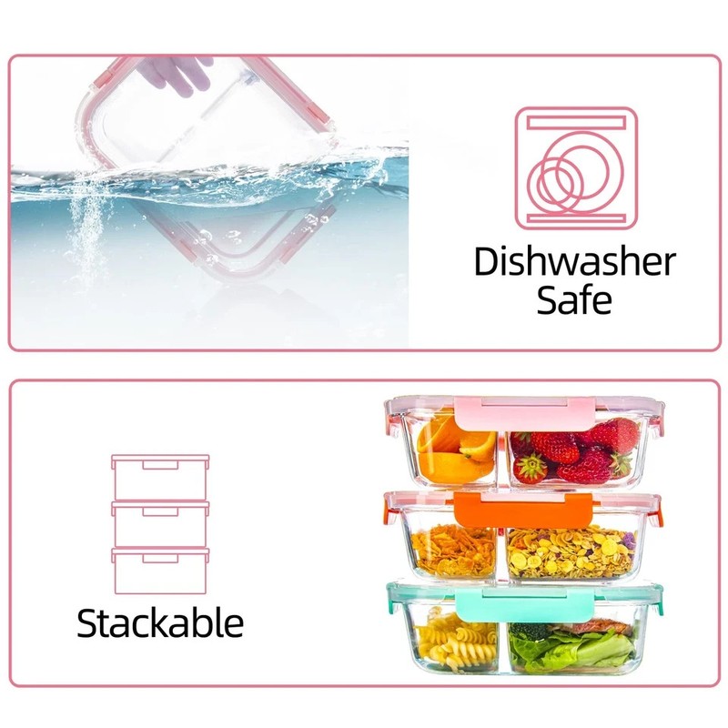 Glass Meal Prep Containers 2 Compartment with Lids (5 Pack 34oz) Divided Storage gallery