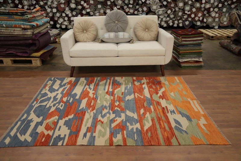 Vegetable Dye Kilim Handwoven Reversible Rug 5x7 Contemporary Rust Wool Carpet gallery