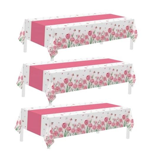 Pack Pink Tablecloth, Disposable Floral Tulip Tablecloth, 3 Pink Mothers Day gallery