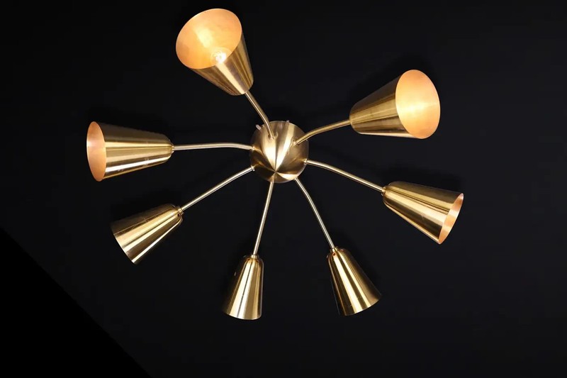 Italian Mid-Century Solid Brass Sputnik Chandelier 7 Lights Cone Shade by H D gallery