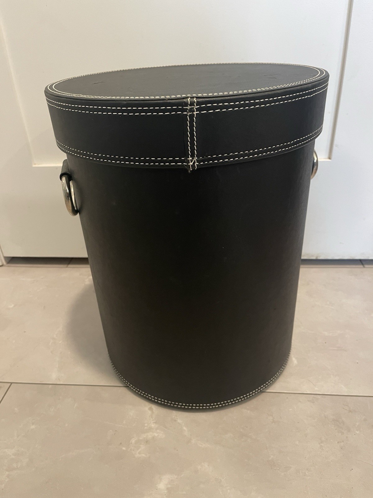 Vintage Black Round Leather Storage Bin 15” X 11 1/2” Velvet Lined Hard Shell gallery