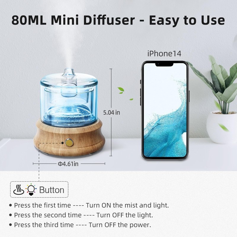 Glass Essential Oil Diffuser, 80ML Small Glass Reservoir Natural Wood Base Ul... gallery