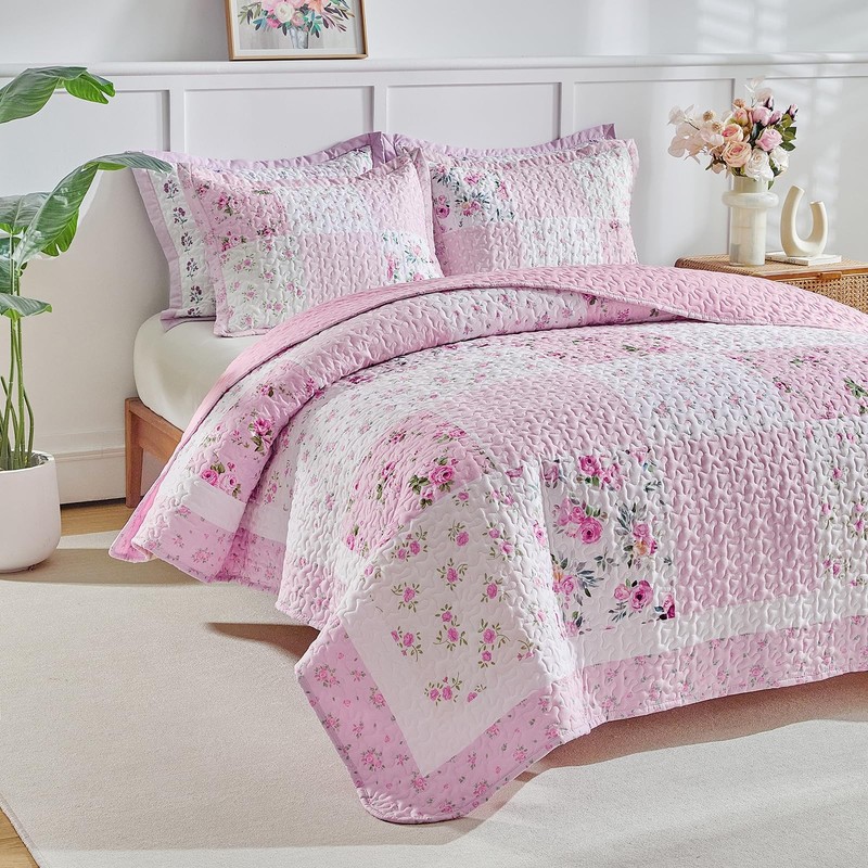Patchwork Quilt Set King Size,3 Pieces Pink White Green Floral Plaid Reversib... gallery
