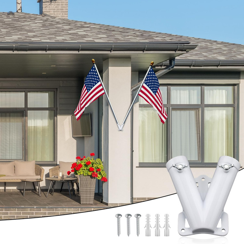 Double Flag Pole Bracket Holder for outside House, V Shape Sturdy Aluminum Alloy gallery