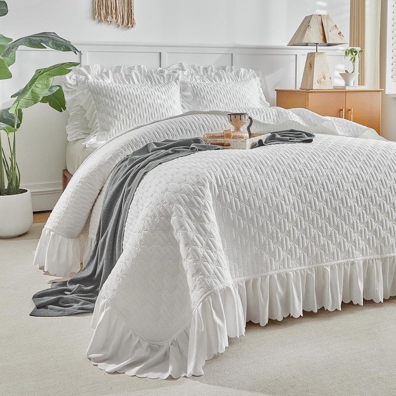 Ruffled Quilt Bedding Set King Size 96 * 108 in - 3 Pieces Solid Shabby Chic ... gallery