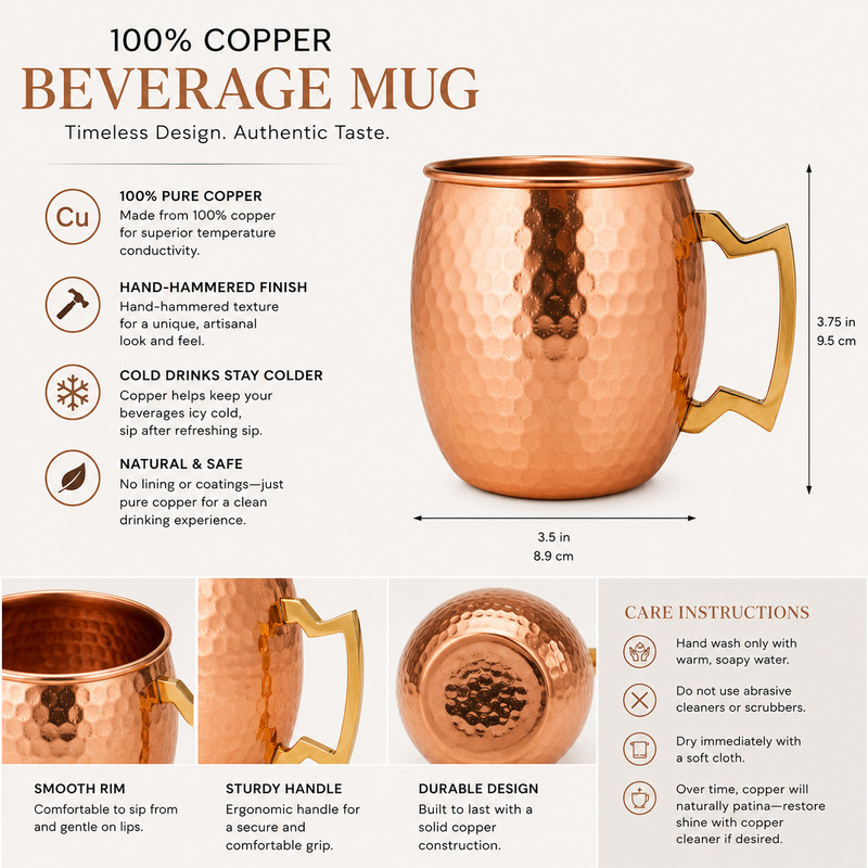 100% Handmade 16oz Solid Copper Mule Mug – Barrel Shaped Mug with Brass Handle gallery