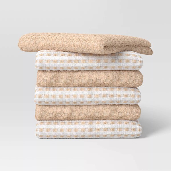 6pc Terry Kitchen Towels Tan: Gingham Check, Cotton, Machine Wash, Dobby gallery