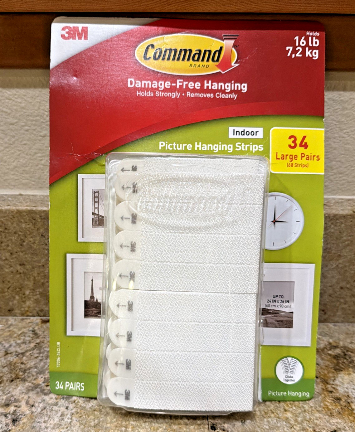 3M Command Picture Hanging Strips 34 Pairs 68 Large Strips Hold 16 lbs Open box gallery