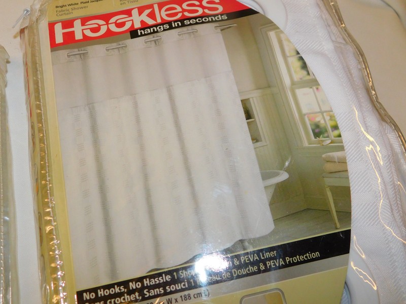 NEW Hookless White Plaid Jacquard Fabric Shower Curtain 71" X 74" w PEVA Liner + gallery